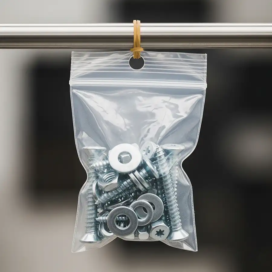 Beutel mit Ersatzteilen Zubehör ist mit Gummiring an einem Gestänge befestigt - Beispieldarstellung