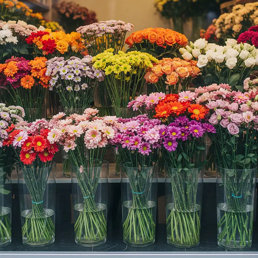 Blumensträuße in Vasen mit Gummiringen zusammengebunden - Beispielbild