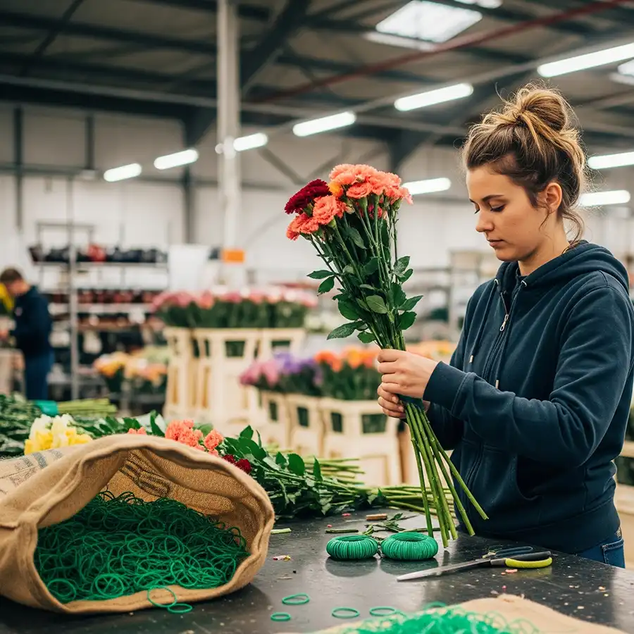 Blumengroßhandel Mitarbeiterin bindet Blumenstrauß mit Gummiringen - Beispielbild