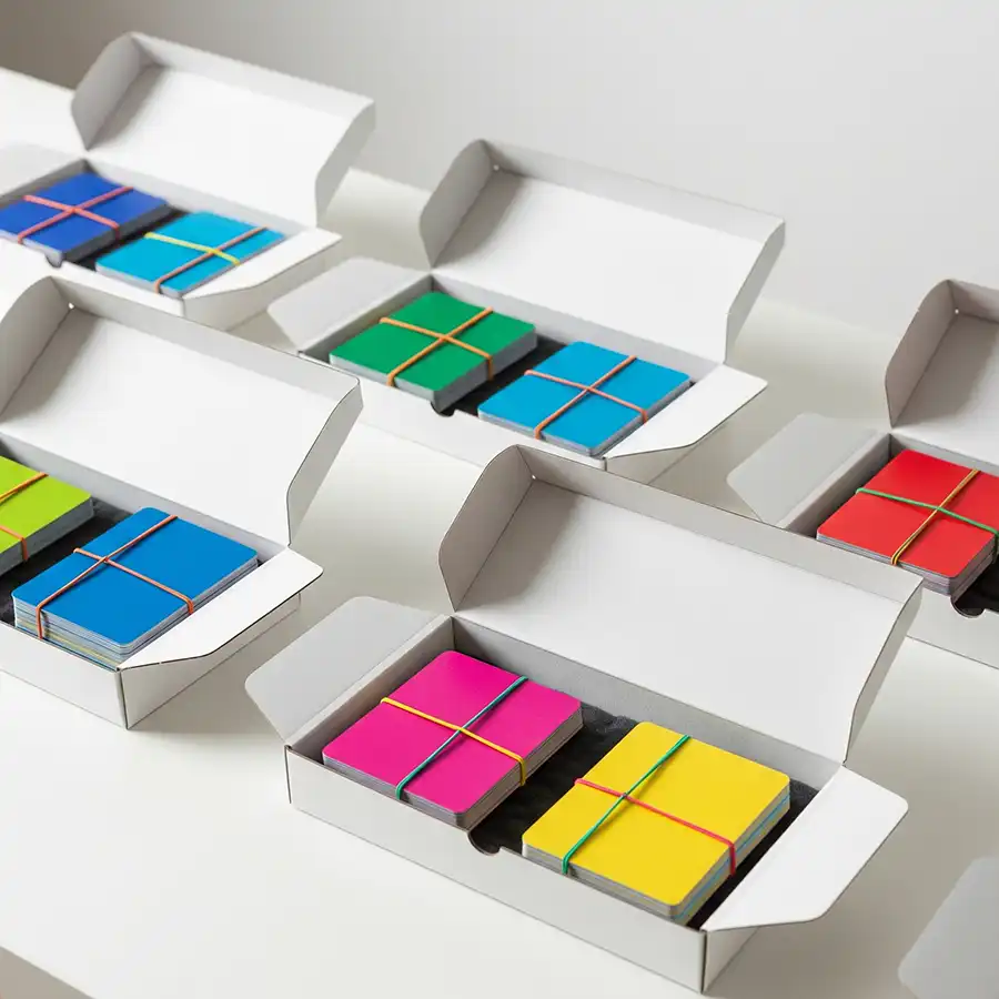 Kartensets mit Gummiringen gebündelt in Versandkartons