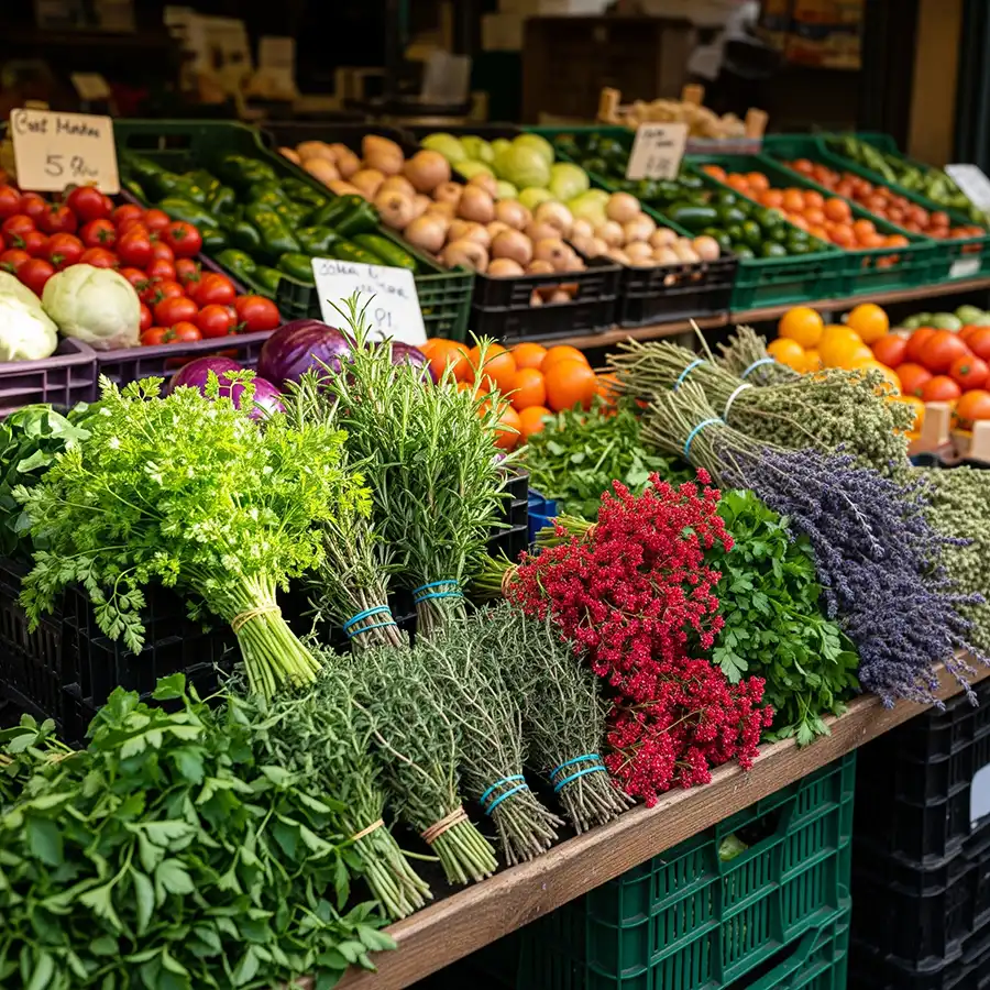 Marktstand mit Gemüsesorten und Kräuterbündel mit Gummiringen - Beispielfoto